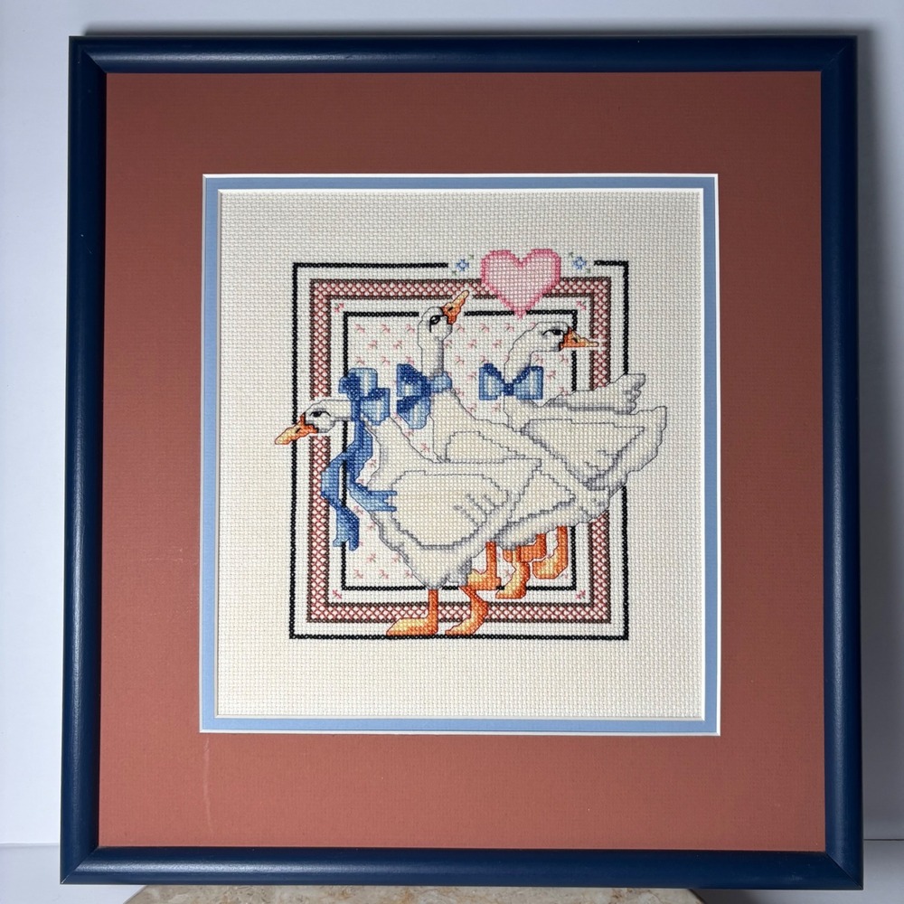 MEASURE Framed Cross Stitch Art 14x14 Blue Three Country Geese Heart Cottagecore